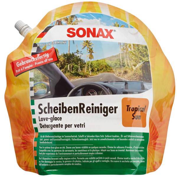 محلول شیشه شوی پاکتی خودرو سوناکس مدل 387441 حجم 3 لیتر با رایحه استوایی، Sonax 387441 Pocket Screen Wash TropicalSun 3 Litr